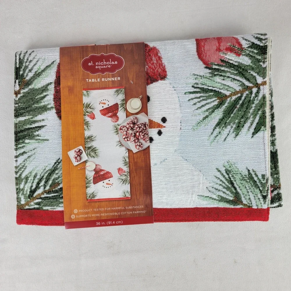 Snowman Table Runner Tapestry Christmas Holiday Pine Decor Festive 36 Inch NEW